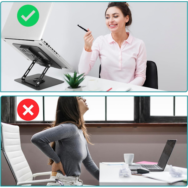 Justerbar Laptop Stativ til Skrivebord - 360° Drejelig Base, Foldbar Laptop Højder med Køleplader - Ergonomisk Bærbar & Kompatibel
