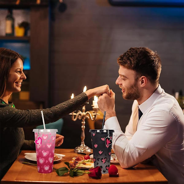 2 stk Valentinsdag Kopper Gjenbrukbare Plast Kopper med Lopp og Sugerør 710ML Fargeskiftende Kopper, Iskaffe Kopp Fest