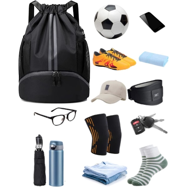 Unisex dragsko ryggsäck, vattentät gymväska, student skolväska, slitstark sportboll väska med skopåse Black