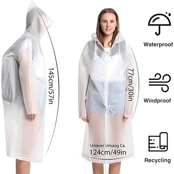 Sateenkaappi Takki Vedenpitävä, 2 Pakkausta Uusiokäyttöisiä Ponchoja Huppuineen ja Hihoineen, Kevyet Vedenpitävät Ponchot Miehille ja Naisille, Matkustukseen ja Ulkoiluun White