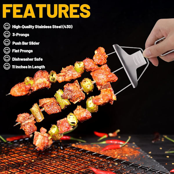 3-veis Grillspyd, BBQ Tilbehør 3-tann BBQ Grillspyd Rustfritt Stål Grillspyd Kebab Pinner