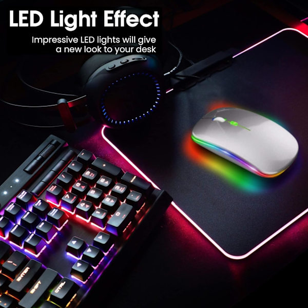 LED Trådløs Mus, Slank Oppladbar Trådløs Stille Mus, 2.4G Bærbar USB Optisk Trådløs Datamus med USB-mottaker for Bærbar PC, PC, Laptop Silver