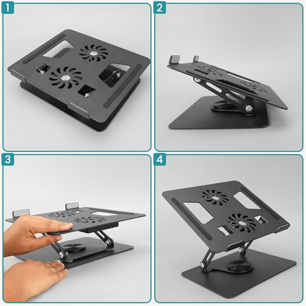 Justerbar Laptop Stativ til Skrivebord - 360° Drejelig Base, Foldbar Laptop Højder med Køleplader - Ergonomisk Bærbar & Kompatibel