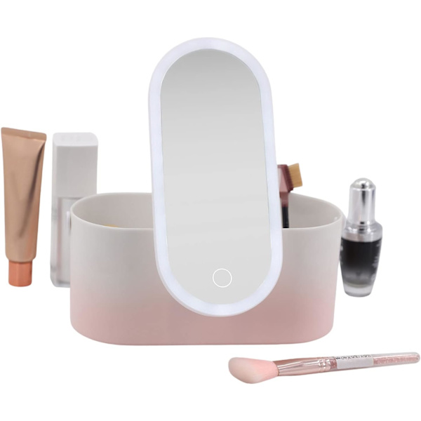 Bärbar LED-laddningsmodell Makeup Box, Kvinnor Resa Makeup Box Organizer Förvaring med LED-spegel Resande Toalettartiklar