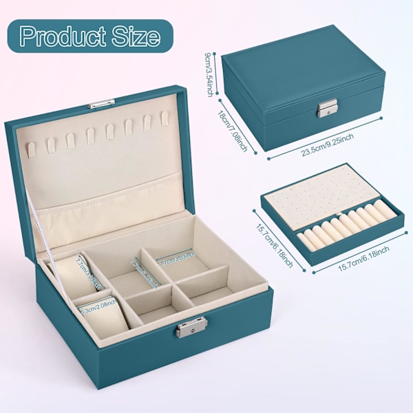 2-lags Stor Smykke Organiser Box, PU Læder, Smykke Organiser til Øreringe Ringe Halskæder Ure Armbånd Green