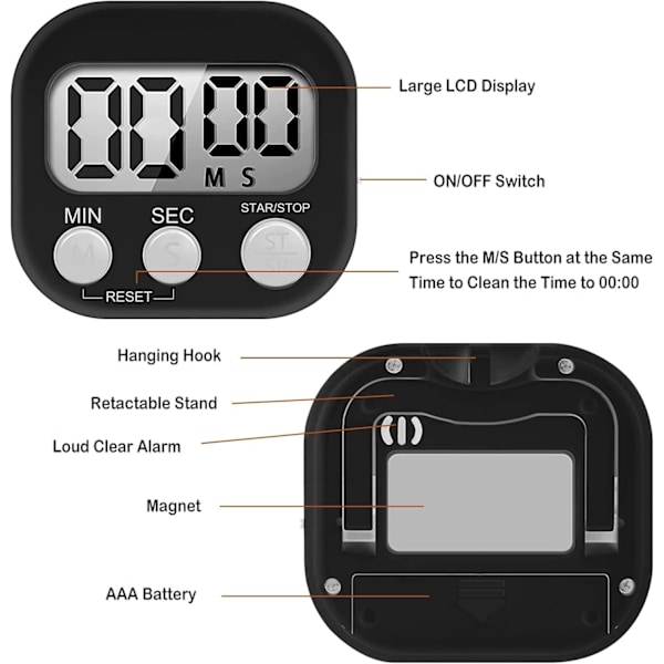 Magnetisk Timer, Digital Timer med Høy Alarm for Barn, Tidtaker med Stativ for Studie, Arbeid, Trening, Matlaging