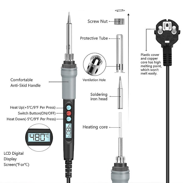 HANDSKIT 90W Loddejernsæt med Konstant Temperatur 180~480 grader Celsius - Justerbar Temperatur EU Plug