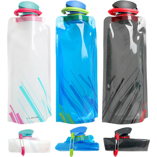 700 ml stor hopfällbar vattenflaska helt hopfällbar lagerflaska, bärbar vattenflaska för löpning cykling utomhus, 3-pack