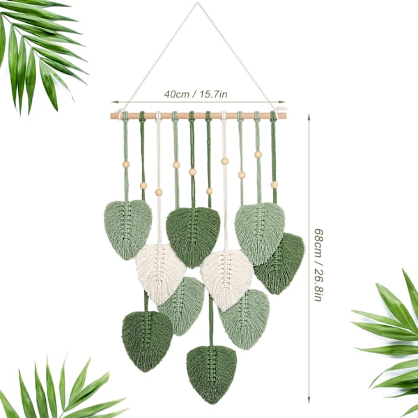 Macrame väggbonad grönt blad tofsar gobeläng boho chic väggdekor handgjord vävd bomullstång gobeläng estetisk bohemisk väggkonst för sovrum Green and White