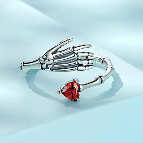 Gotisk Skjelett Hånd Sterling Åpen Statement Ringer Rød Krystall Hjerte Vintage Skalle Plam Wrap Finger Band Justerbar Biker Ringer Halloween