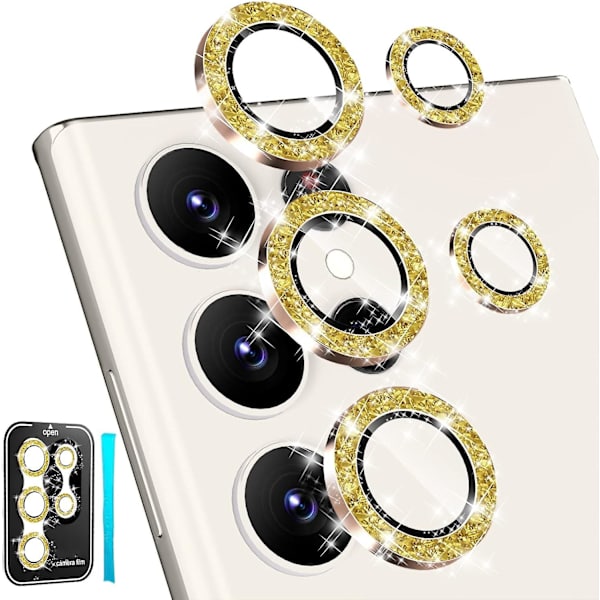 Kameralinsebeskytter til Samsung Galaxy S24 Plus, Skinnende HD Hærdet Glas Aluminiumlegeringsring, Bagskærmskamera Dækfilm Gold