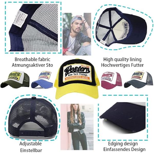 Verkkokorkki Vintage Unisex Hat Säädettävä Koko Puuvillainen Baseball-Korkki Pesty Denim Retro Trucker Caps Reunahionta Moottoripyöräilijän Korkit, Keltainen