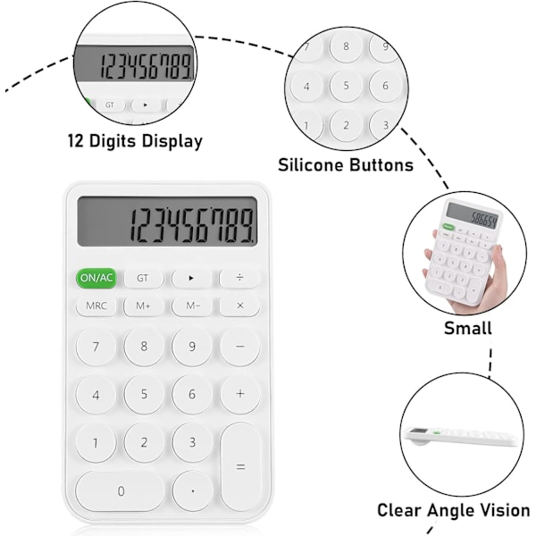 Stasjonær kalkulator for studenter, 12-sifret LCD-skjerm, grunnleggende kalkulatorer for skole, kontor og hjem White