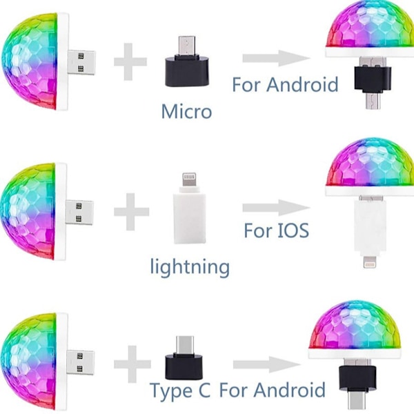 4 stk USB Mini Diskotek Lys, Flerfargede LED Bil Atmosfærisk Lys, Lydaktivert Magisk Strobe Party Lys