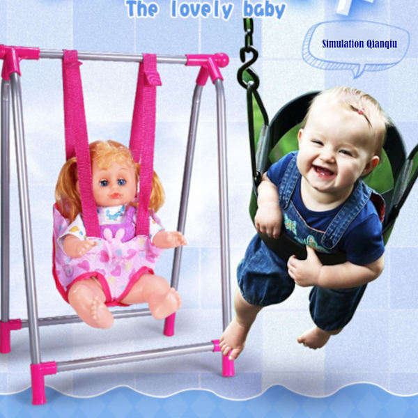 Babydocka lekset med hopfällbar dockvagn, dockspjälsäng, dockmatstol, gunga babydocka tillbehör