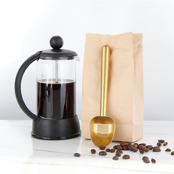 Rostfritt stål långt ihåligt handtag kaffeskopa, 7g måttsked för malet kaffe och löst te, mässing guld