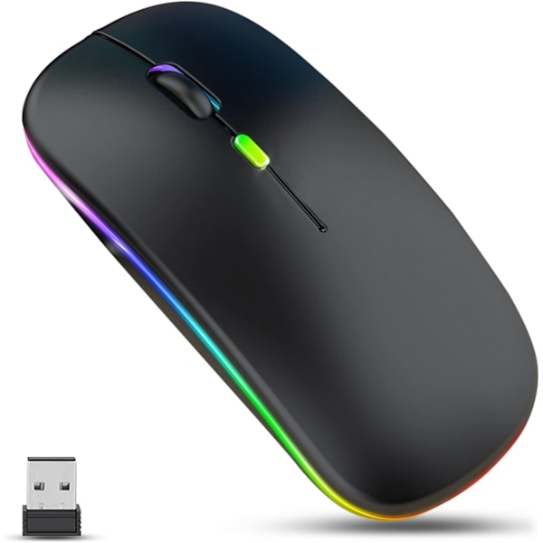 LED Trådløs Mus, Slank Genopladelig Trådløs Lydløs Mus, 2.4G Bærbar USB Optisk Trådløs Computermus med USB Modtager til Notebook, PC, Laptop Black