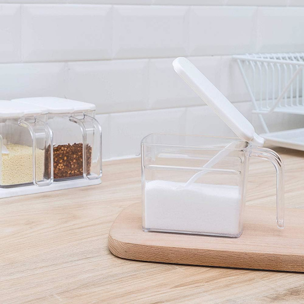 Klar kryddbox, 3 delar klar kryddförvaringsbehållare för kryddsalt sockerkar, kryddburkar med skedar