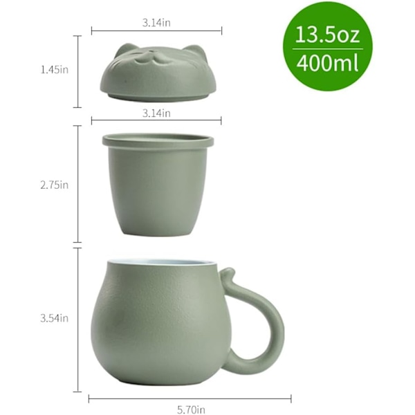 Keramisk tekopp med infuser och lock (13,5oz), temugg med söt kattdesignfilter för att dra löst blad, present till semesterfödelsedag varmt hus Green