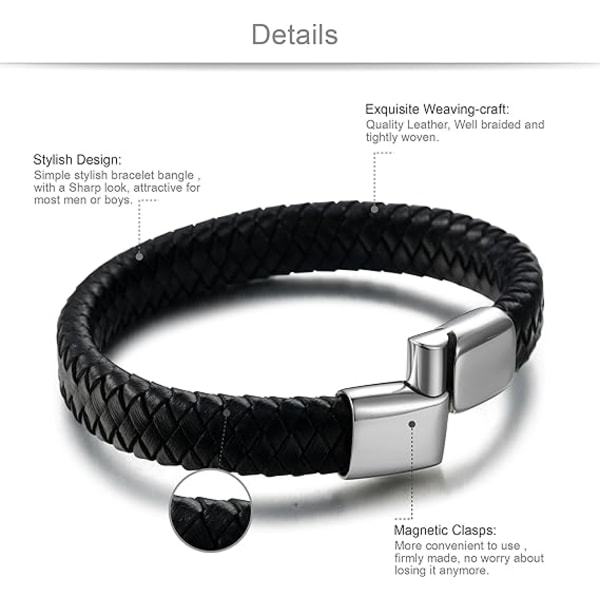 Flätat läderarmband herr armband modernt utan stålspänne. 1 st, svart