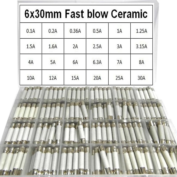 Keramisk Sikring 24 værdier 6x30  0,1a 0,5a 1a 1,5a 2a 2,5a 3a 3,15a 4a 5a 6a-30a