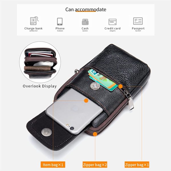 Mobiltelefon axelväska läder svart, herr mobiltelefon midjeväska med klämma, smartphone axelhölster läder crossbody