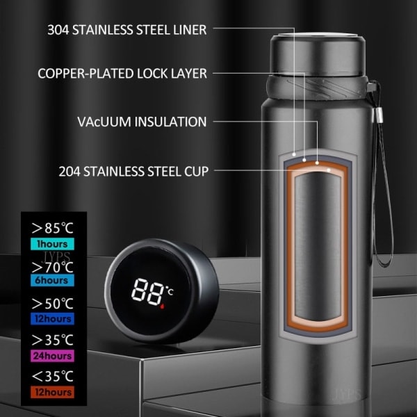 1000ml Smart Termosflaske Holder Kold og Varmt Vand Temperaturvisning Intelligent Termos til Vand Te Kaffe Vakuumflasker - 1000ML Black