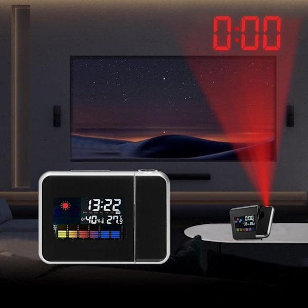Projektionsväckarklocka, väderklocka sängbord med 180° projektor, LCD-digitalklocka med 12/24H för sovrum