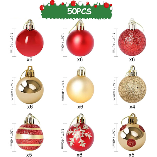 Julgransdekoration, 50 st julgransprydnader med röda och guld kulor, julgransprydnader julkula med snöre