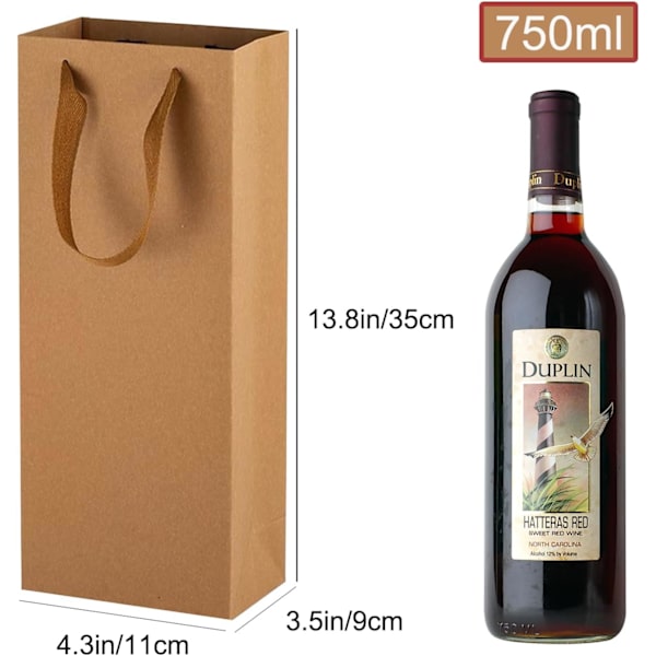 12 stk Vin Gaveposer Enkeltflaske, Vinflaske Gaveposer, Robuste Gjenbrukbare Kraftpapir Vinbærepose med Håndtak for Jubileer, Fest, Jul Brown