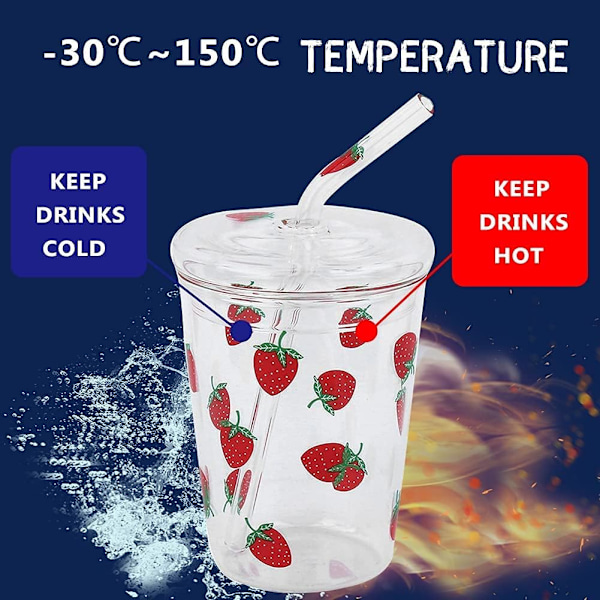 Glasskrus med sugerør og lokk, 300ml drikkekopp glass vannflaske gjenbrukbar drikkevannsglasskopp for kald drikke kaffe