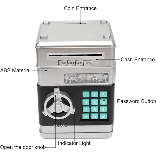 Elektronisk spargris, Mini ATM lösenord sparbössa kontanter mynt sparbössa för barn, tecknad säker bankbox perfekta leksaks presenter för pojkar flickor Silver