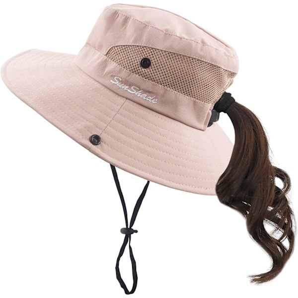 Dam solhatt med hästsvans UV-skydd hopfällbar nät bred brätte strand fiskehatt Solid color adult—pink