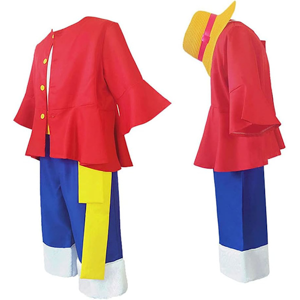 Monkey D. Luffy Cosplay Kostym Anime Uniform Halloween Karneval Cosplay Monkey D. Luffy Skjorta och Byxor med Halmhatt Full Set för Vuxna Barn M