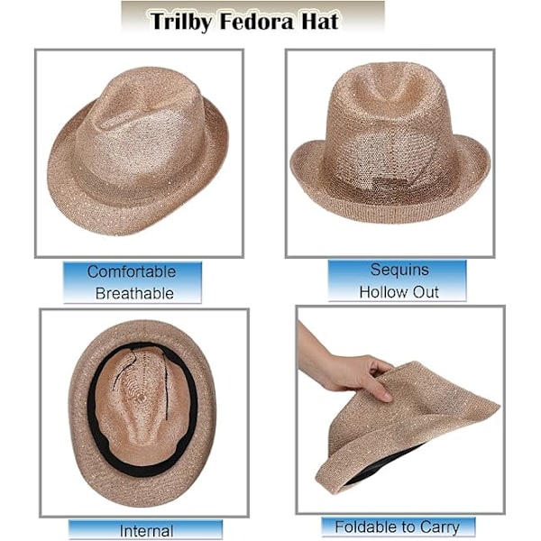 Naisten ja miesten säihkyvä ontto fedora-aurinkolippis, taitettava ja pakattava trilby-panama kesärantahattu