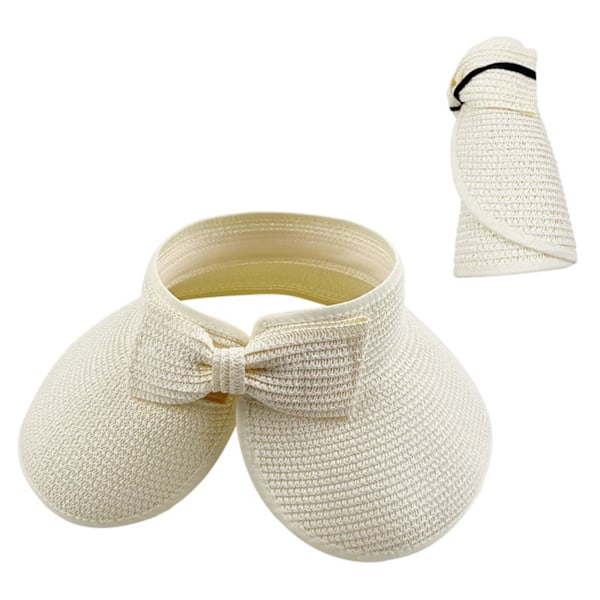 Dame Solhat med Bred Skygge i Halm, Foldbar Hat med Hestehale, Strandhat med Opbevaringspose, Sommer Sort Hvid Beige (2-pak)
