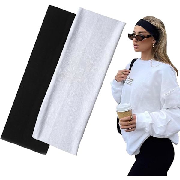 7 cm breda svarta pannband för kvinnor och män, 2-pack fashion pannband för kvinnors hår, mjuka för smink, yoga, löpning, sport Black+white