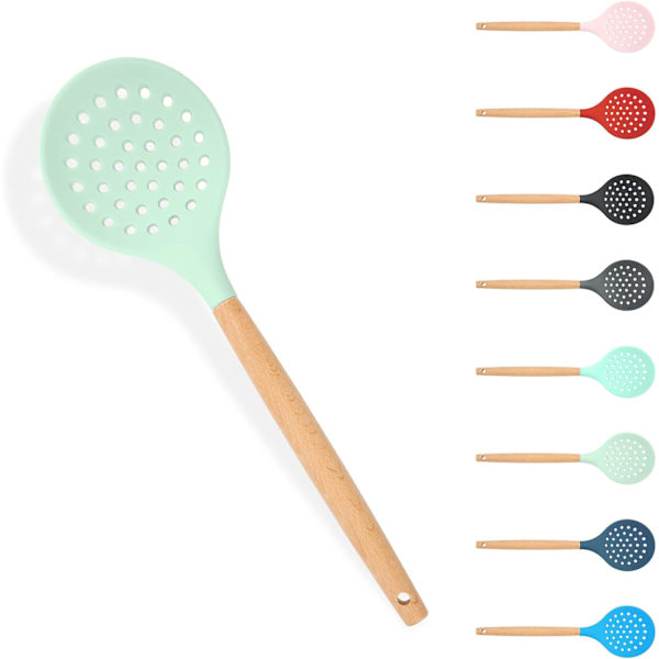 Köksslev med sil, stor hålslev med hög värmebeständig BPA-fri non-stick matlagningsskummare för avrinning, stekning (nordisk grön)