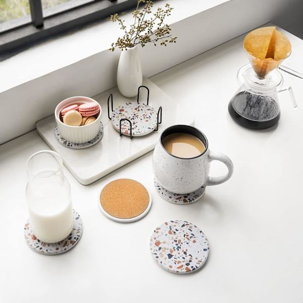Coasters - Coasters Sæt af 6 - Marmor Coasters Keramik - Coasters med Holder og Kork Base, til Kvinder Mænd til Forskellige Kopper, Borde & Hjemmeindretning, 4 '' Terrazzo