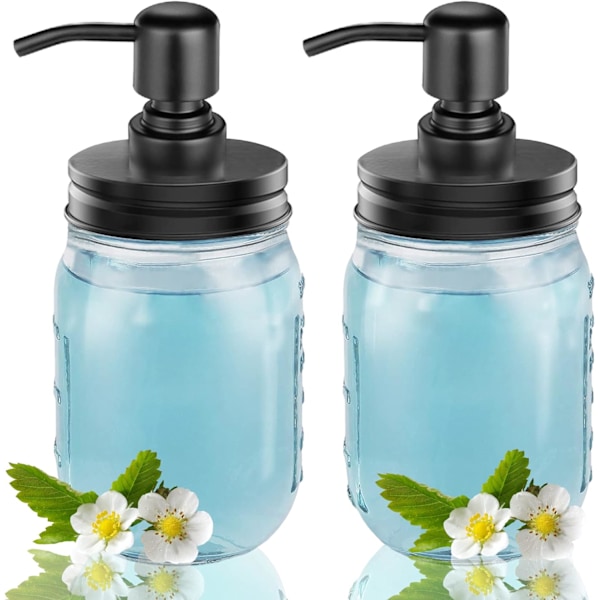 2-pack Mason Jar tvål dispenser - 16 oz tjock klar glas tvål dispenser med rostfri pump och lock i rostfritt stål