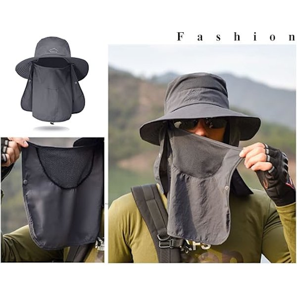 Utomhus solhatt, fiskehatt, sommar UV-skydd bredbrättad hatt med avtagbart ansikts- och nackskydd Dark Gray