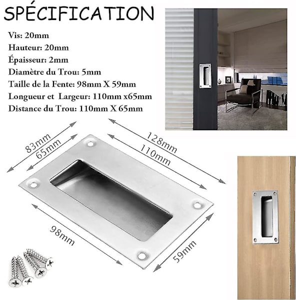 2 Pak Moderne Dørgreb i Rustfrit Stål - Skjult Indbygget Kabinetsgreb til Skuffe - Rektangulært Hardware til Køkkenkabinet 128x83mm med Skruer