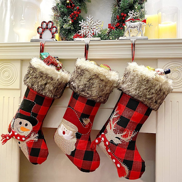 Julegave-Strømper Sett med 3, Buffalo Plaid Juleromper med Snømann, Rein og Julenissen Mønstre Peis Juledekorasjoner
