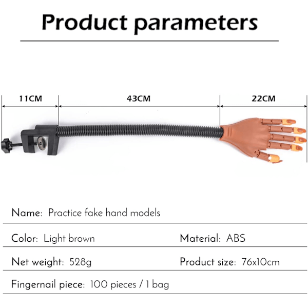 Øvelseshånd til Acrylnegle, 100 stk. Negletips Træningshånd Professionelle Neglekunst Håndværktøjer Justerbare Falske Fingernegle til DIY Neglemanicure