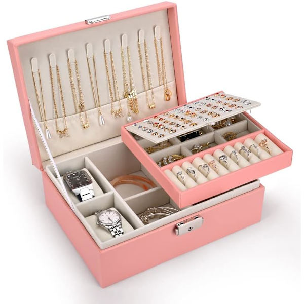 2-lags Stor Smykke Organiser Box, PU Læder, Smykke Organiser til Øreringe Ringe Halskæder Ure Armbånd Pink