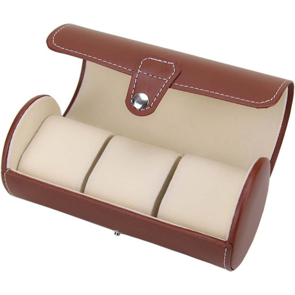 PU-lærrull for reiseklokkeboks, arrangør, oppbevaringsveske med 3 ruter for klokker eller armbånd, svart Brown