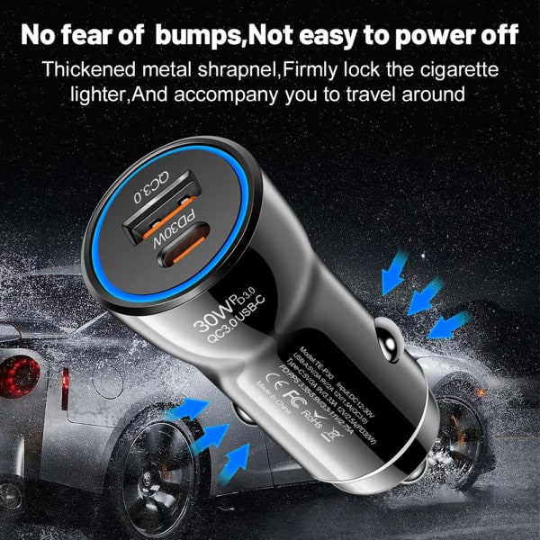 30W PD QC 3.0 Snabbladdare för Bil, USB C Laddning för Apple iPhone 12 13 14 15 Pro/Max/Plus Samsung Snabbladdare för Bil