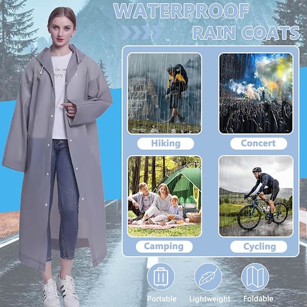 Regnrock Vattentät, 2-pack Återanvändbara Ponchos med Huva och Ärmar, Lätt Vattentäta Ponchos för Män och Kvinnor, Resa & Utomhus Vattenjackor Gray