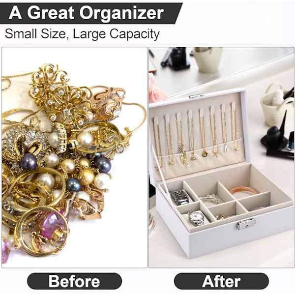 2-lags Stor Smykke Organiser Box, PU Læder, Smykke Organiser til Øreringe Ringe Halskæder Ure Armbånd White