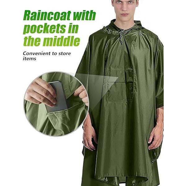 Vattentät Poncho Vuxen, Återanvändbar Regnponcho Vuxen Vattentät Poncho Vattentät Vuxen Lätt Vattentät Regnrock för Utomhus Vandring Camping Green